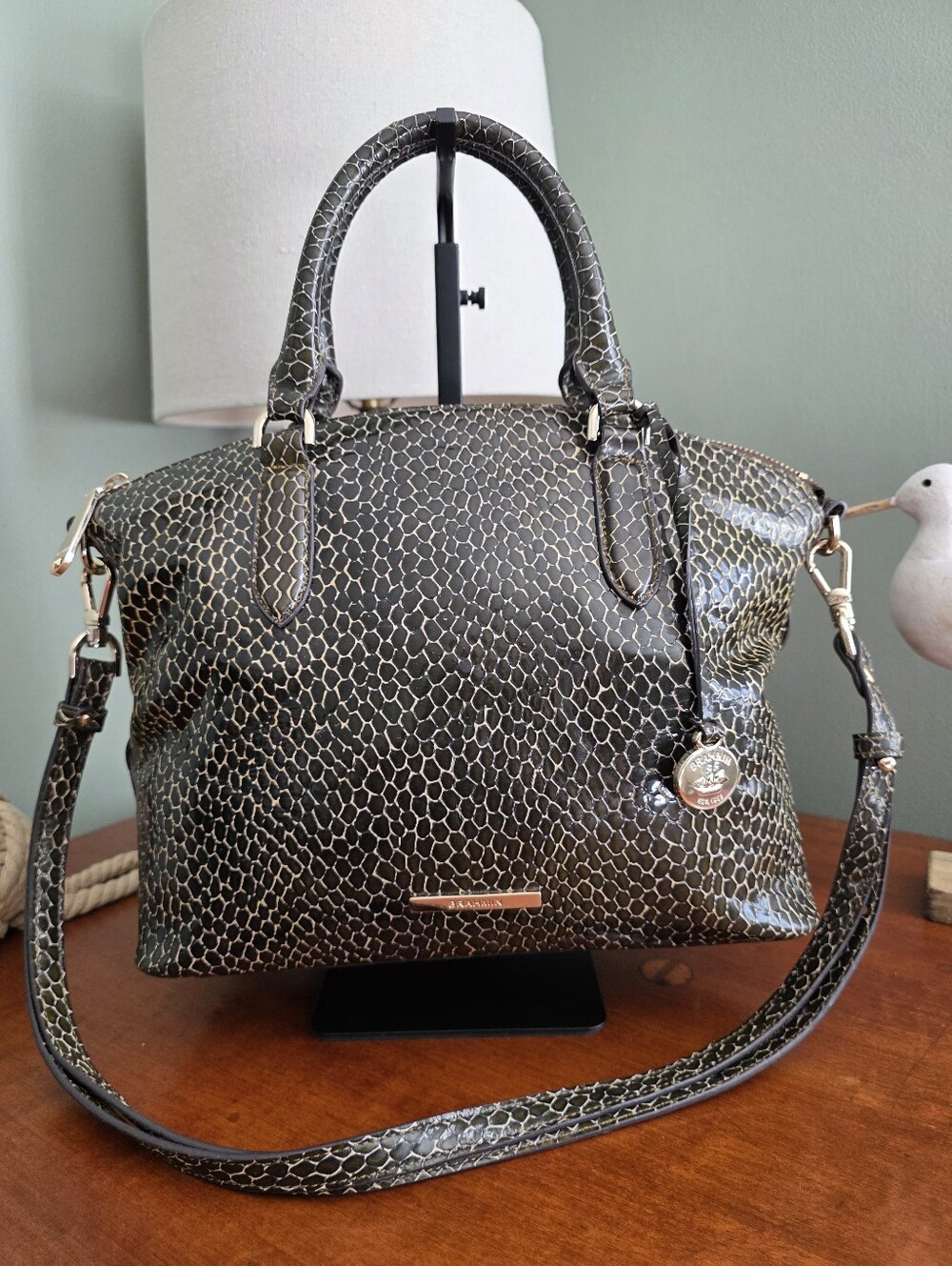 Brahmin Duxbury Black Ivory Snake Embossed Leather Satchel Bag